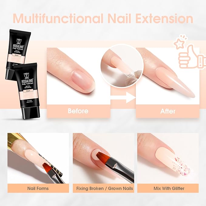 ROSALIND Nude Poly Extension Gel, 60ml Hot Poly Nail Gel for Nail Art Decoration,Builder Nude Gel Nails Thickening Extension Easy to DIY Use at Home Need UV Lamp