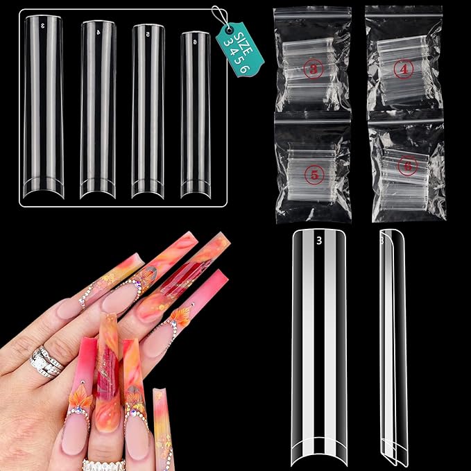 200PCS 3 4 5 6 Size NO C Curve Clear Nail Tips for Acrylic Nails Professional, 3XL Long Flat Tapered Square Nail Tips, Half Cover Straight French Fake Nail Tips Nail Extension for Nail Salons Home DIY