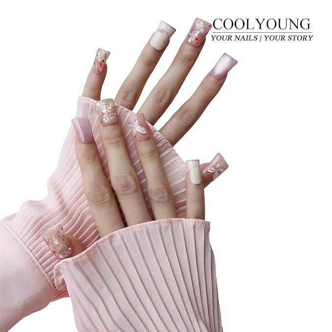 Handmade Press On Nails Duck Nails 3D Short Flower Press On Nails Cat Eye Pink Nails Real Flowers Gifts For Women COOLYOUNG 12 PCS, Size S