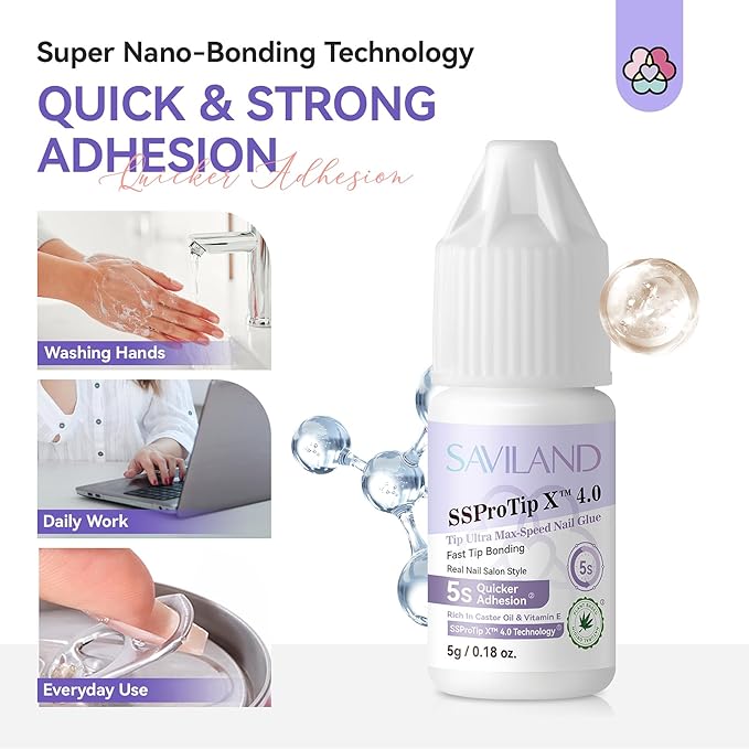 SAVILAND Nail Glue for Acrylic Nails Press On: 5S Fast-Drying Nail Glue Strong 0.18 Oz. Nail Tip Glue Extra Strength Nail Glue Castor Oil Vitamin E Hypoallergenic Nail Glue for Nail Tips No Cure Salon