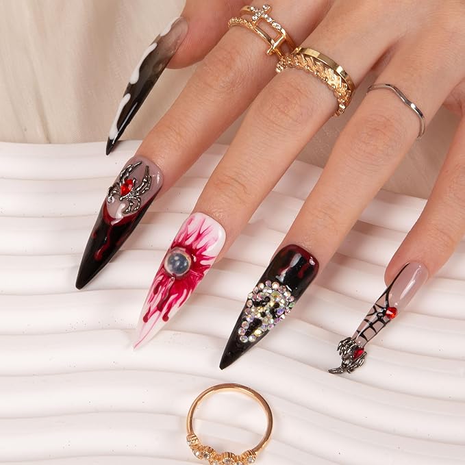 LOVFUL Press on Nails Final Destination | Handmade with Full Covered Crystals | Reusable Full Cover Nails | Stiletto Mid Length 1.7 in | H133-S
