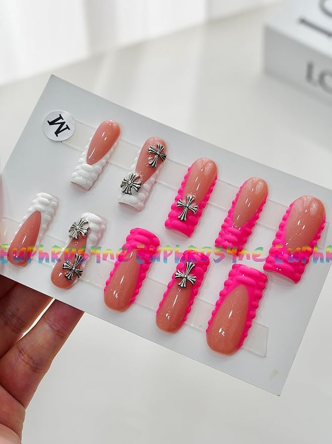 Euphrosyne Gothic Y2K Press On Nails – 10pcs Long Pink and White Square Fake Nails with 3D Cross Charms & Textured Tips | Edgy Stick-On Nails for Women and Teens,