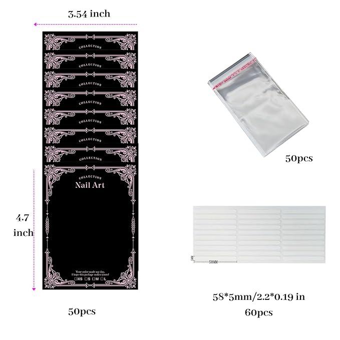 Press On Nail Packaging Kit for Long Nails – Y2K 50 Display Cards with Bags & Tape – Nail Tech Supplies for for Gothic & Baddie Nailfies Nail Salon Studio Manicure Business(Black, 3.54*4.7)