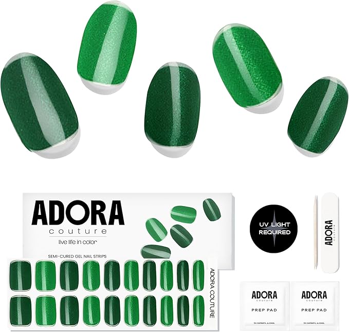 Semi-Cured Gel Nail Strips - 20 Salon-Quality Gel Sticker with UV Light Required, Long Lasting, Easy Application & Removal, Includes Prep Pad, Nail File, Wooden Stick (Emerald Allure)