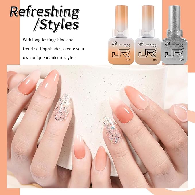 JR 9pcs 15ml Gel Polish Set Black Milky White Nude Jelly Pink Glitter Color Jelly Gel Polish Kit UV LED Soak Off Polish Nail Art Manicure Salon DIY Home