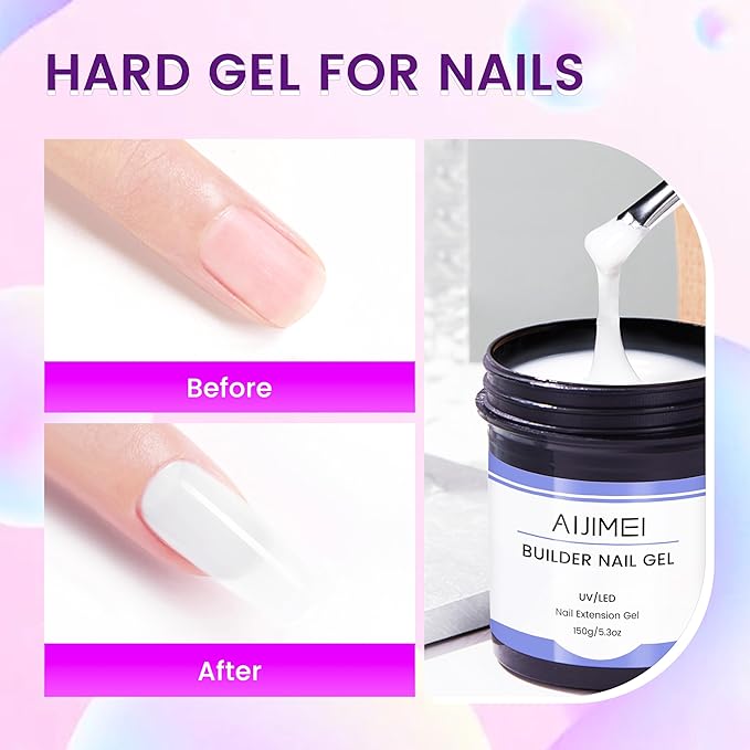 AIJIMEI 5oz Hard Nail Gel Builder Kit, Nail Builder Gel for Nails Art Clear White Colors NailExtensionGel HardGel for Beginner (Clear & White)