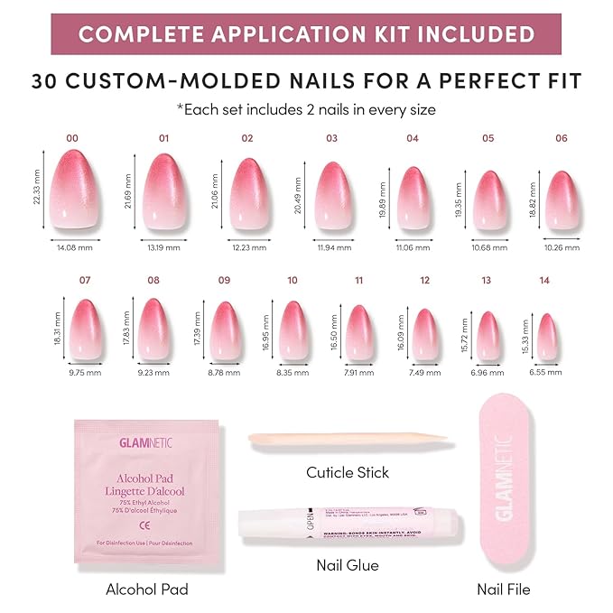 Valentines Day Glamnetic Press On Nails - Faded Feelings | Short Almond Fake Nails with Pink Velvet Ombre Tips in a Velvet & Glossy Finish, Salon Quality | 15 Sizes - 30 Nail Kit with Glue