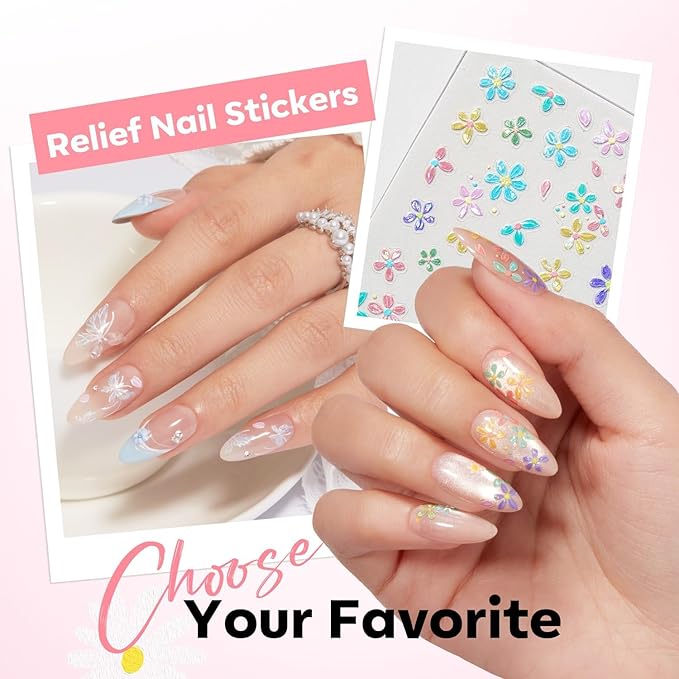 modelones Gel Polish Flower Nail Stickers, 3D Embossed Colorful Floral Daisy Heart Bunny Nails Supplies Flower Nail Art Design for Spring Easter Manicure DIY Nail for Women & Kids 5Pcs