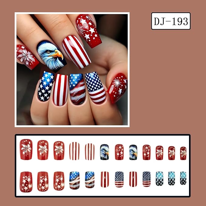 Medium Press on Nails Independence Day Fake Nails with Fireworks and Stripe Designs Bald Eagle Glue on Nails 4th of July Flag Stick on Nails Blue Red Glue on Nails for Women Girls 24Pcs