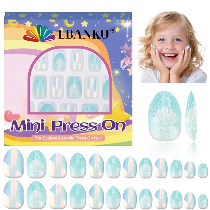 EBANKU 1 Pack Kid Fake Nail Kit, 24 Pieces Press on Nails for Kids Pale Blue Press on Nail Short Artificial False Nail Kits for Kids Girls