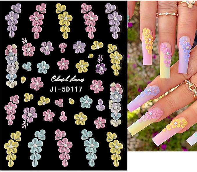 5D Embossed Flower Nail Art Stickers, Flower Nail Decals Nail Art Design Self Adhesive Nail Supplies Colorful Flower Nail Stickers for Women Manicure Decoration 4 Sheets…