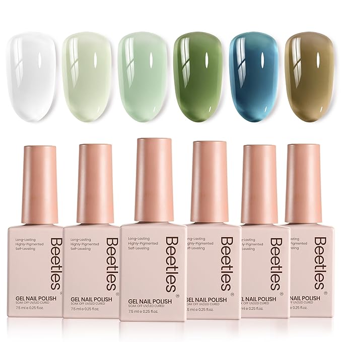 Beetles Forest Veil Jelly Gel Nail Polish Set - 6 Colors St Patricks Day Gel Polish Kit Milky White Olive Sage Green Deep Teal Warm Khaki Sheer Translucent Soak Off UV DIY Manicure Gift for Women