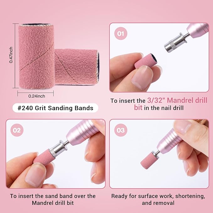 MelodySusie 100 Pcs Nail Drill Bits Sanding Bands for Nail Drill 240 Extreme Fine Grit Nail File Sanding Bands for Acrylic Nails Gel Manicures and Pedicure, Pink