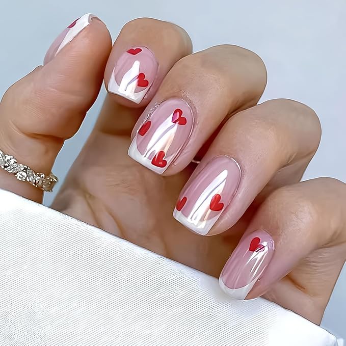 Valentines Press on Nails Short Square Fake Nails Chrome Nails Press ons with Red Love Heart Design Full Cover Stick on Nails for Women Manicure,Reusable | Glue Tabs | Easy Apply | 24Pcs