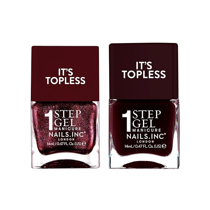 Nails Inc It's Topless Gel-Like Cherry Noir Nail Polish Duo, 4-in-1 Base Coat, Treatment, Color & Top Coat, Long Lasting, Strong, Chip Free, Glossy Salon Quality Manicure, Air Dry, 2 Piece Set