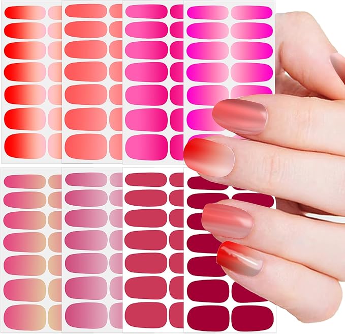 SILPECWEE 16 Sheets Nail Polish Stickers Nail Wraps for Women Gradient Color Gel Nail Stickers Self Adhesive Nail Polish Strips Fingernail Sticker with Nail File (Pink Style)