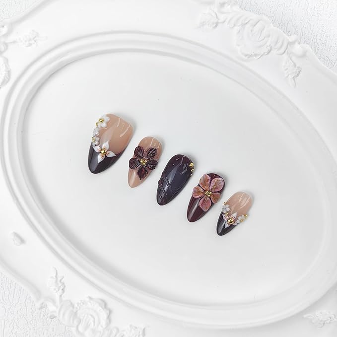 2025 Twilight Bloom Dark Fantasy Short Press On Nails Handmade PMMA Acrylic Reusable Tips w/Box Gifts for Women (Twilight Bloom, M)