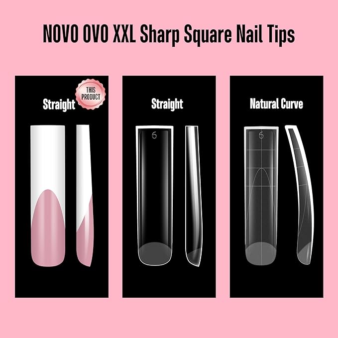 NOVO OVO XXL Square Nail Tips - 150Pcs Soft Gel Nail Tips, Pre-Colored Berry Pink White French Tip, No C Curve Straight Acrylic False Nails for Extension, PMMA Gel X Tips Press on Nails Kit (15 Sizes)