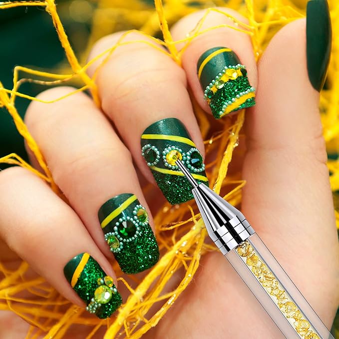 Tatuo 2 Pieces Rhinestone Picker Dotting Pen, Dual-ended Rhinestone Gems Crystals Studs Picker Wax Pencil Pen Crystal Beads Handle Manicure Nail Art DIY Decoration Tool (Green, Yellow)
