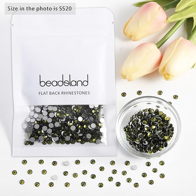 Beadsland 1440pcs Flat Back Crystal Rhinestones Round Gems for Nail Art and Craft Glue Fix, Olivine, SS6, 1.9-2.1mm