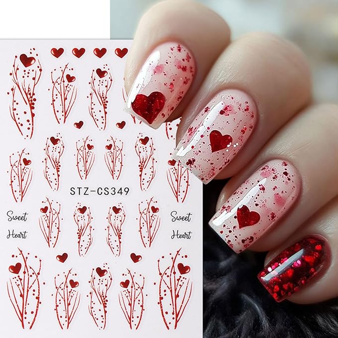 9 Sheets Valentines Nail Art Stickers Red Heart Nail Decals 3D Self Adhesive Holiday Nail Supplies Romantic Arrow & Tree Branch Design Nail Stickers for Women Pink Heart DIY Manicure Art Accessories