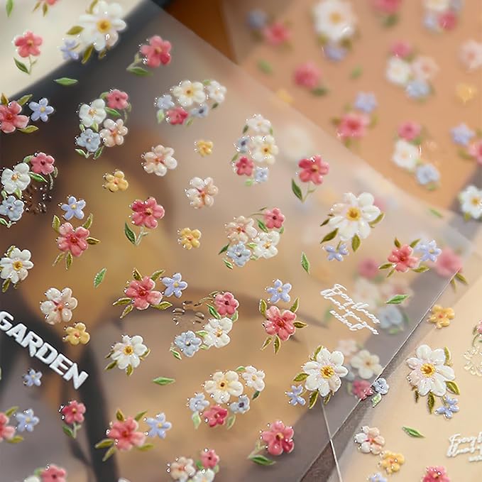 1 Sheets Cute Spring Flower Nail Decals for Nail Art Embossed Small Flowers Leaf Nail Art Stickers 5D Self-Adhesive Spring Nail Design Decals Blue Yellow White Pink Floral Nail Stickers for Women