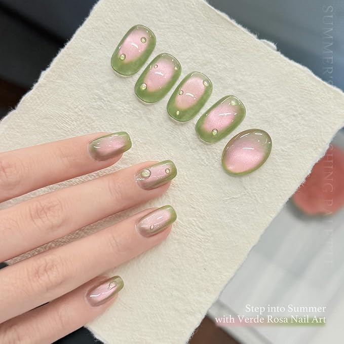 GAOY Green Pink Glassy Cat Eye Gel Nail Polish, 16ml Glitter Holographic Nail Polish with Magnet, Reflective Translucent UV Light Cure, 3318 Verde Rosa
