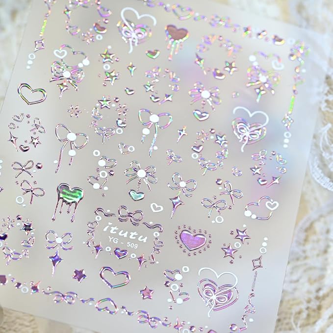 5D Embossed Valentines Day Nail Art Stickers for Nail Art Bow Nail Stickers with Pink Bow Star Heart Romantic Self Adhesive Design Cute Nail Decals Nail Art Supplies for Women Acrylic Manicure Tips