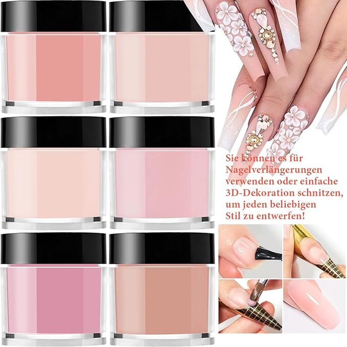 6Colors/Set Acrylic Powder Glitters Professional Carving Nail Polymer Tip Extension French Pink White Clear Adhesive Rhinestone Nail Art Supplies 3D Tips Sculpting Crystal Nail Dipping