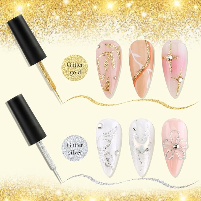 Gel Liner Art Set 2PCS Sparkle Glitter Silver Gold Gel Polish 8ml Soak Off UV Painting with Built in Thin Nail Brush Swirl Nails Design Dotting Drawing French Manicure Tip Tool