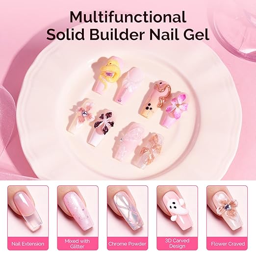 MelodySusie Solid Builder Nail Gel 3D Gel Nail Art 4 in 1 Non-Sticky for Extension UV Glue for Acrylic Nails Clear 60ML