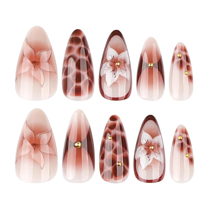 Press on Nails Almond - Medium Fake Nails with Flower Pattern Design - Brown Ombre False Nails Press Ons - for Women Manicure 24 Pcs