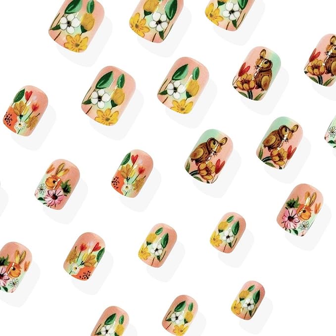 Easter Fake Nails Festive Short Square Press on Nails with Cute Bunny Colorful Flower Designs Glossy Pink False Nails Full Cover Spring Easter Rabbit Acrylic Nails Stick on Nails for Women 24 Pcs