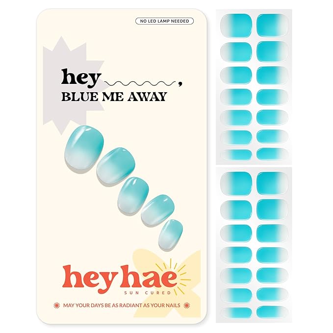 Heyhae Semi Cured Gel Nail Strips | No LED Lamp Needed | Ombre, Blue, Spring | Easy Apply & Remove, Salon Quality | Includes 28 Strips, 1 Prep Pads, Nail File & Wooden stick - Hey, Blue Me Away