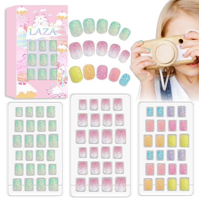 Laza 72pcs Children Nails Press On Pre-glue Full Cover Gorgeous and Colorful Short False Nail Gradient Glitter Kits for Kids Teenager Girls - Rainbow Falls