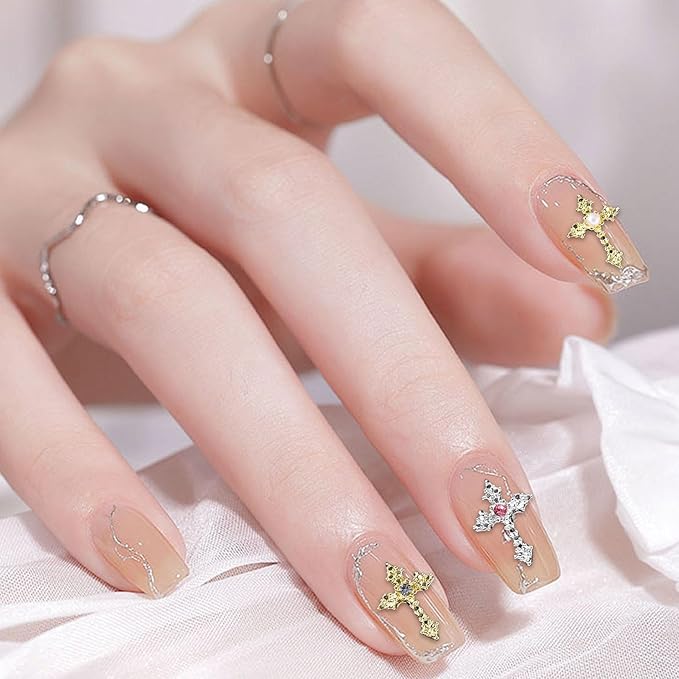 3D Cross Nail Charms, 40 Pcs Gold Silver Crystal Cross Decorations for Nail Art for DIY Design and Jewelry Making (Pearl+ Rhinestones)