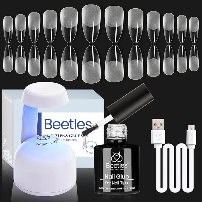 Beetles Gel Nail Kit Etch-X, Almond Medium, 500pcs 12 Sizes, with 5 in 1 Glue Mini Lamp, Pre-Etched Half Matte Acrylic Nail Kit Fake Nail for Home DIY Extension Set