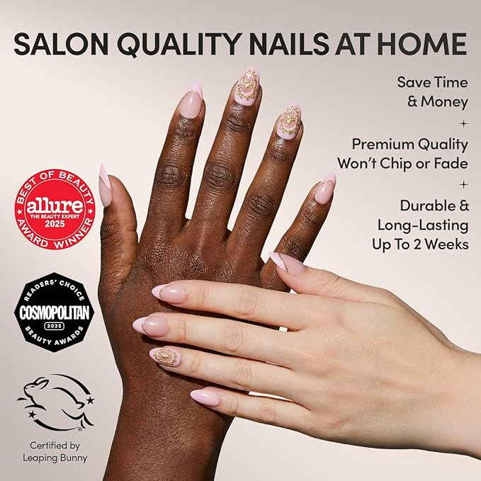 Valentines Day Glamnetic Press On Nails - Lover’s Crest | Short Almond Fake Nails in a Soft Blush Pink Hue, Vintage Angel Cherub Graphics, French Tips and 3D | 15 Sizes - 30 Nail Kit with Glue