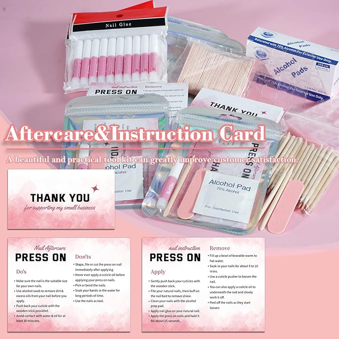 Press On Nail Tool Kit for Nail Business, Nail Prep Application Disposable Kit with Nail File, Nail Glue, Prep Pads, Instruction Card, Adhesive Nail Tabs, Wood Stick, Holographic Bag (20pcs in Pink)