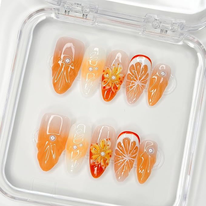 Luxury Press on Nails Medium Almond Handmade 3D Unique Reusable ABS Material Fake Nails Orange False Nails with Designs Pearls Floral Art Petal Glossy Glue on Nails Thick Acrylic Nails(M)