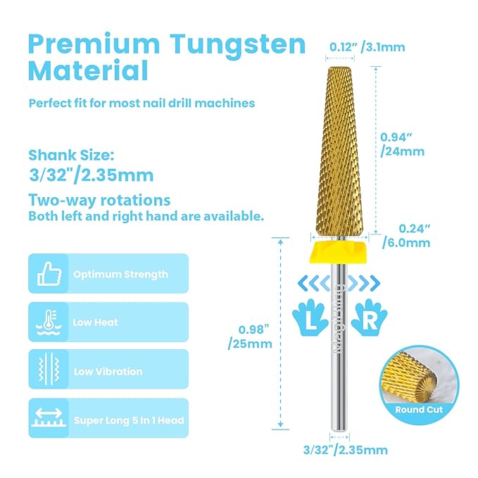 24mm Super Long 5-in-1 Tapered Barrel Nail Drill Bit, 3/32'' Tungsten Carbide E-File Bit for Fast Gel Removal & Long Nail Shaping, Two-Way Rotation Safety Bit for Acrylic Extensions, Extra Fine