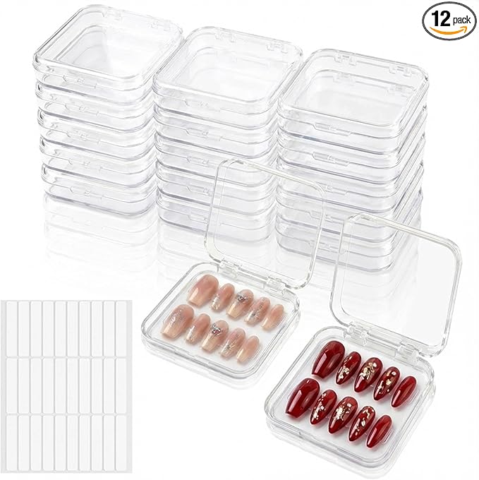 Clear Press On Nail Storage Containers 12-Pack Stackable Cases, Press Ons Nail Packaging Organizer Case, Acrylic Tips and Fake Nails Display Box for Travel and Salon Use (Clear 02)