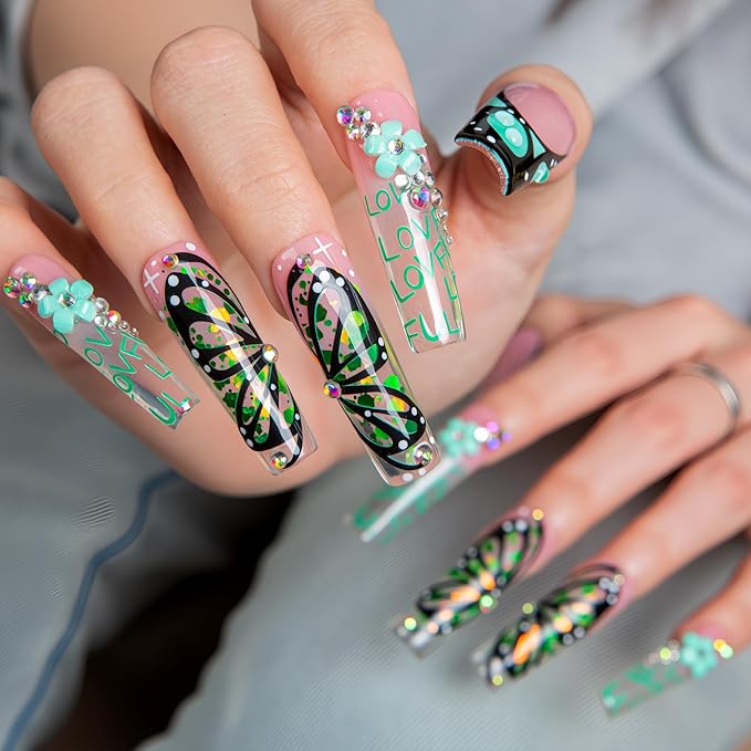 LOVFUL Press on Nails Teal Flutter| Handmade Acrylic Press ons| Reusable Fake False Nails| Square Mid length 1.7in| H724-L