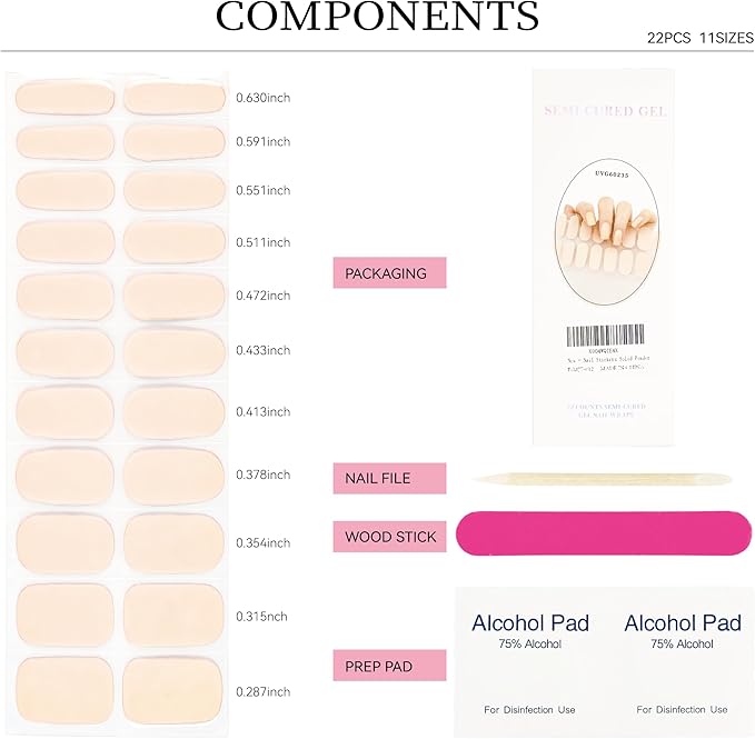 Semi Cured Gel Nail Strips Pink Solid Gel Nail Stickers with UV/LED Required Long Lasting Gel Nail Stickers Includes 22 Strips 2 Prep Pads, Nail File & Wooden Stick