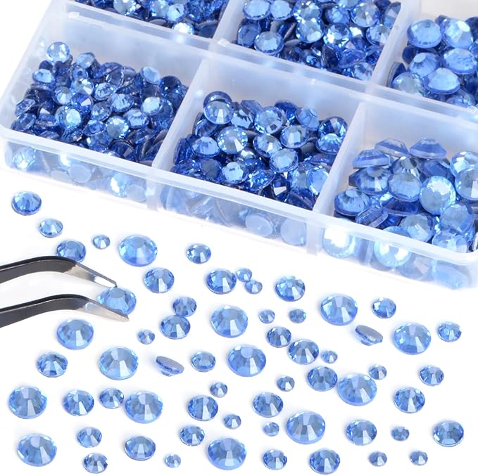 Bymitel Hotfix Crystal Rhinestones Round Gems for Crafts,Mixed 6 Sizes with Wax Pencil Kit, Lt. Sapphire 1.6-6.3mm SS4-SS30/8000pcs