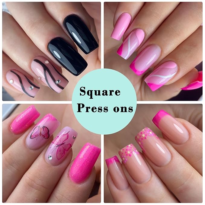 LoveOurHome 576pc Square Press on Nails Long Fake Nails Medium Square False Nail Full Cover Artificial Fingernails Acrylic Presson Nail Tips 24 Colors 10 Size for Women Teens Kids