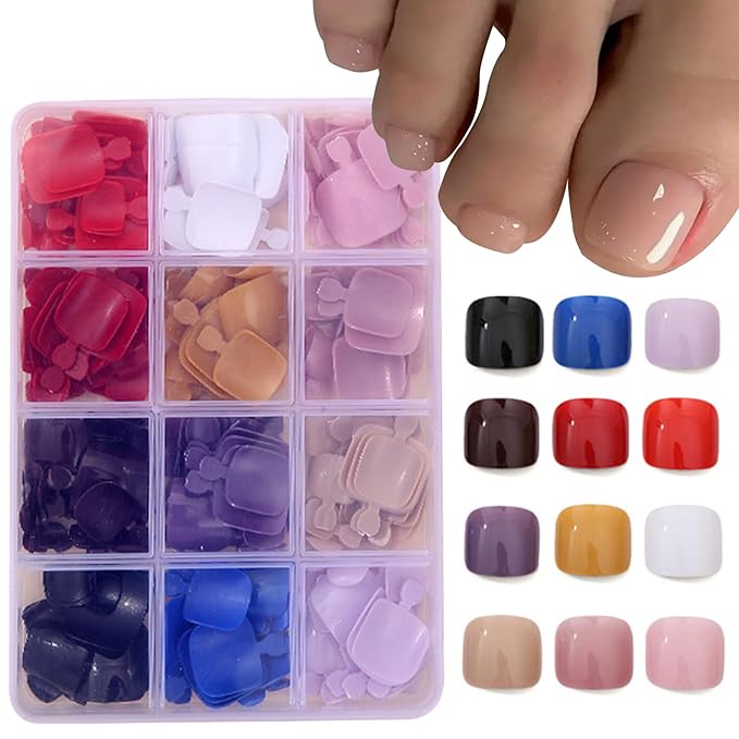 12Packs 288Pcs Press on Toenails Short Square Fake Toe Nails Solid Color Designs False Toe Nail Tips Summer Glossy Acrylic Nails Pure Nail Art Stick on Toenails for Women Girls Manicure 12 Colors