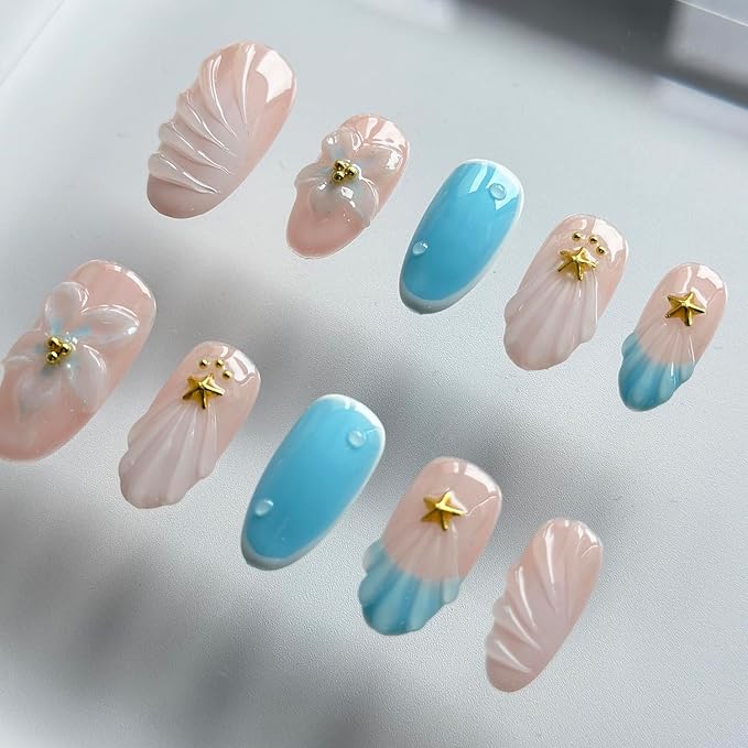 Luxury Press on Nails Short Almond Handmade 3D Unique Reusable ABS Material Fake Nails Summer French Tip False Nails with Designs Flower Shell Blue Glossy Glue on Nails Thick Acrylic Nails(S)