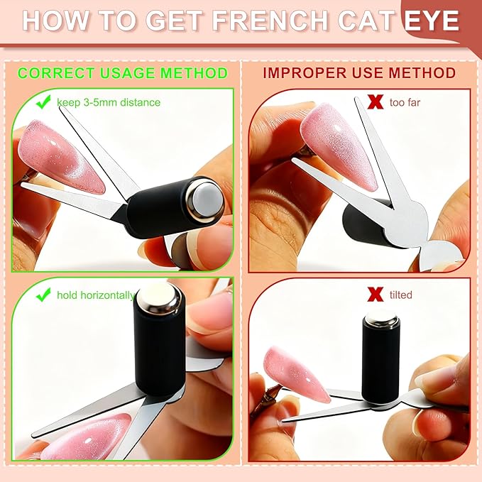 5PCS Cat Eye Nail Magnet Set, 2 in 1 Scissor-shaped Cat Eye Magnets for French Tip Effect, Sturdy Cylinder Magnet with Magnetic Beads Gel Nail Polish Magnet Tools for DIY Art Home & Salon Use