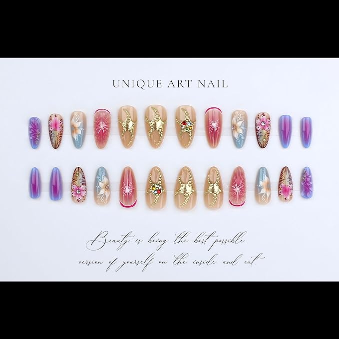 Long Press on Nails Almond Ombre Flowers Stick on Nail for Women 24pcs